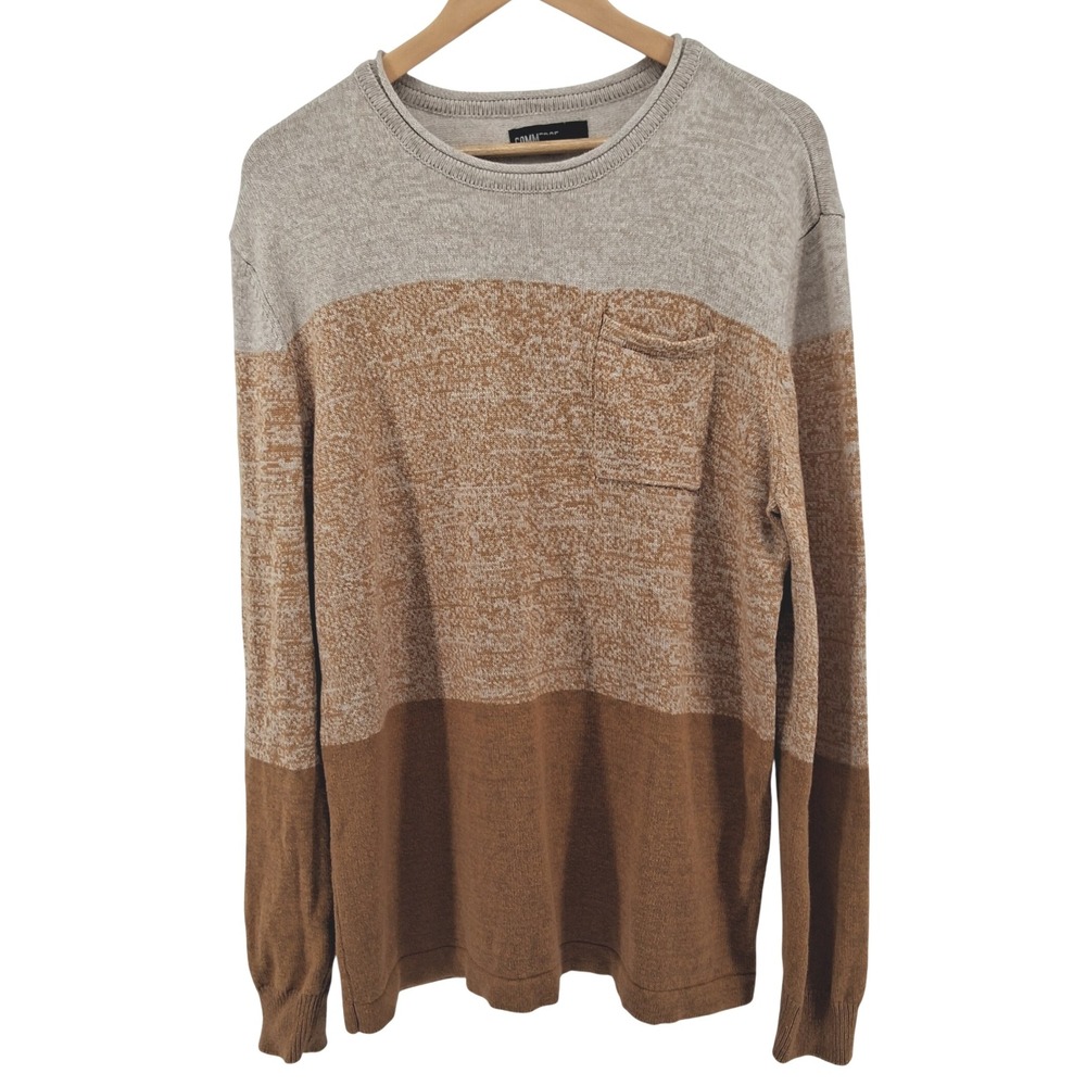 Commerce Mens Large Sweater Tan Brown Colorblock Crewneck Cotton Linen‎ Blend